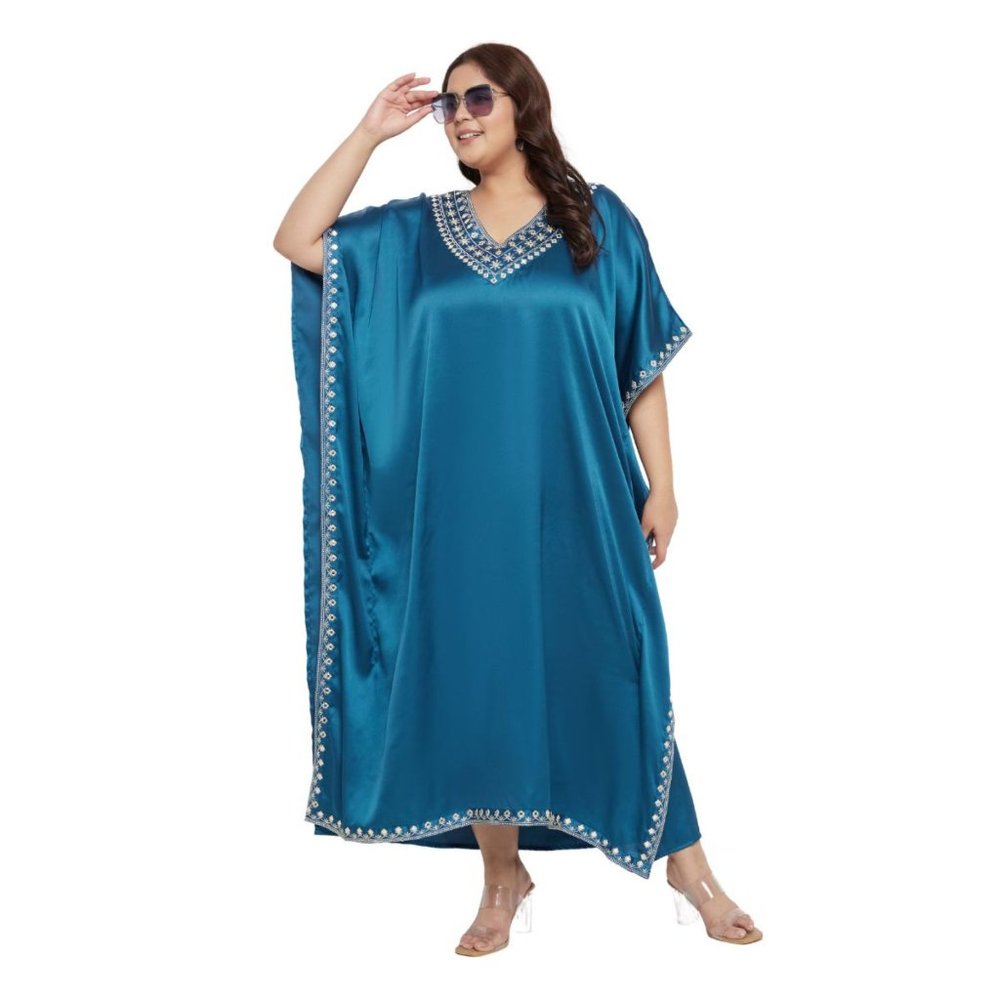 Gypsie Blu Solid Satin Embroidery Corsair Blue Women Kaftan Dress Plus Size Maxi - Picture 2 of 7